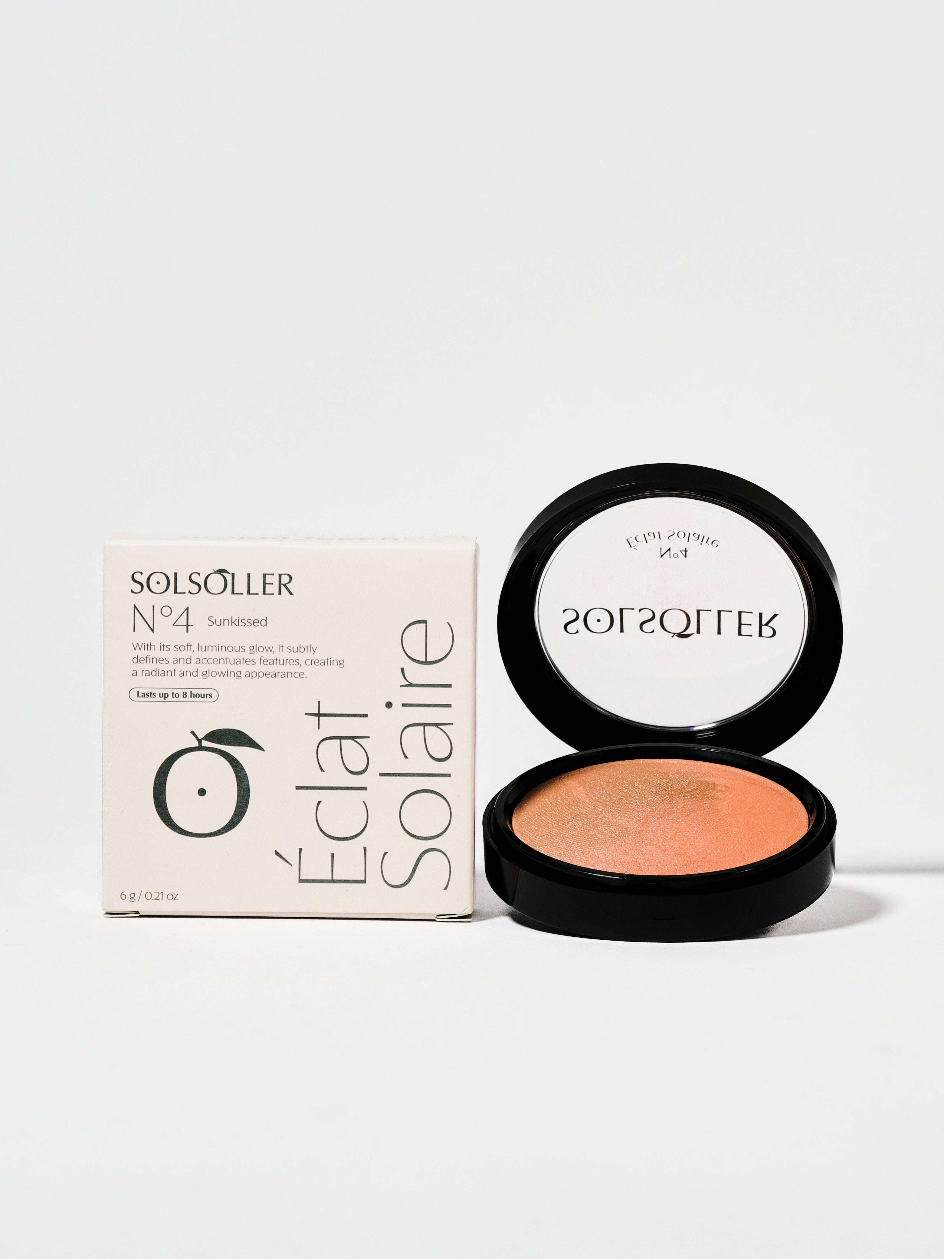 Sunkissed Blush-Bronzer No.4 by Solsoller with open compact and box, featuring a radiant peachy tone for a silky glow all day.