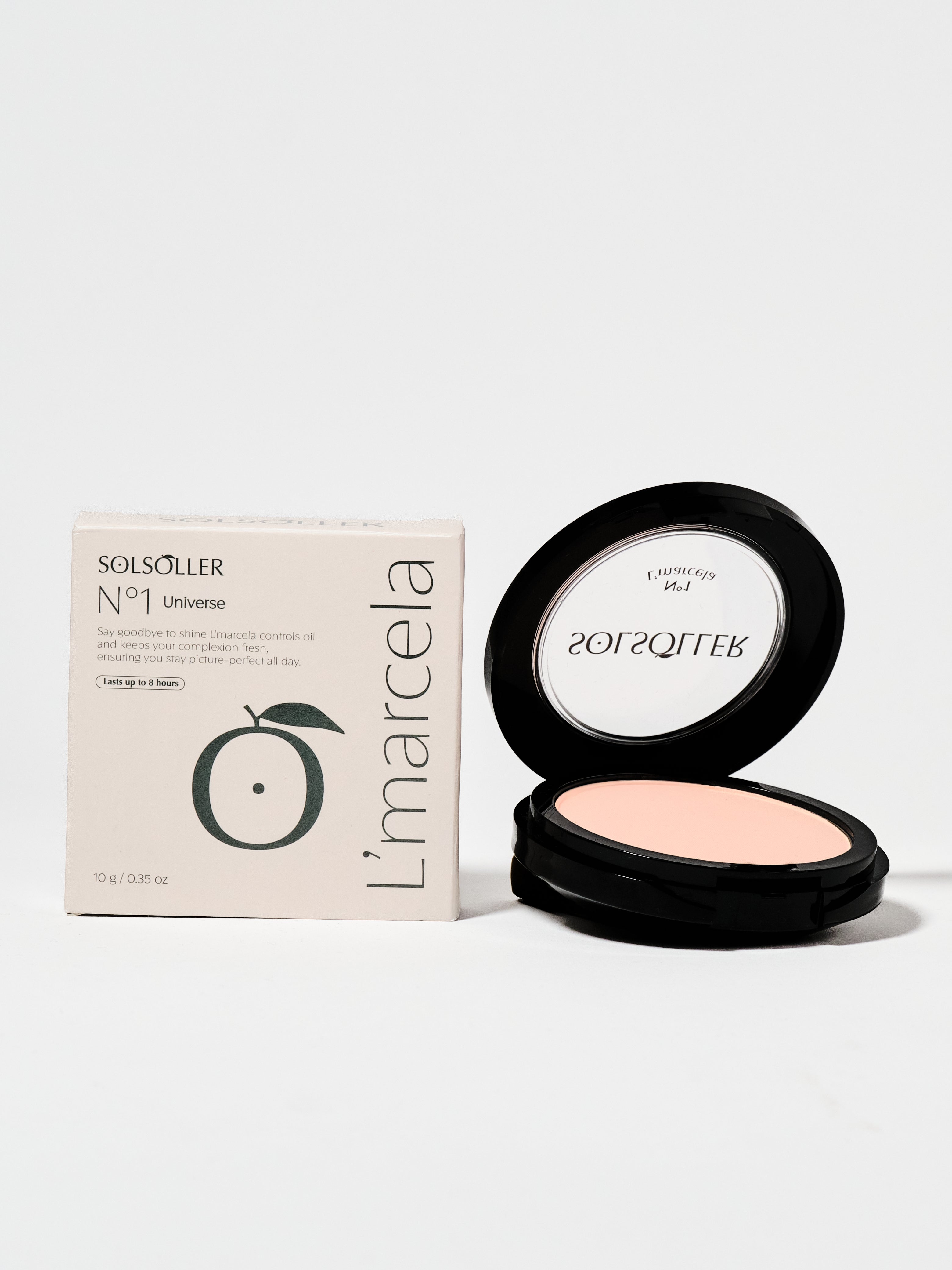 L’Marcela Setting Powder by Solsoller in open compact with packaging box, ideal for shine control and pore blurring in face makeup routines.