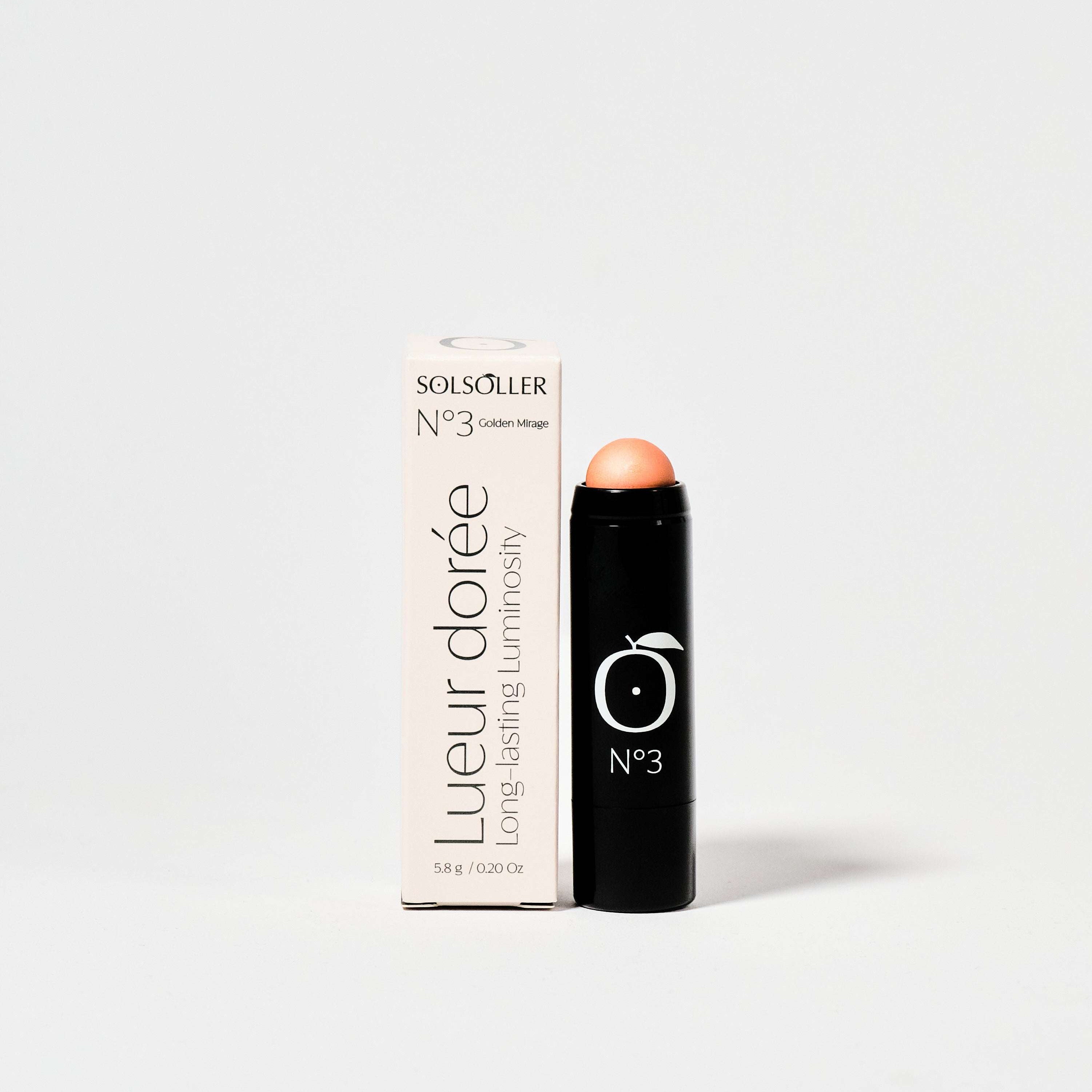 Golden Mirage - Coral Glow Highlighter No.3 stick with packaging, offering 13hr radiant wear for cheeks, lids, lips, and collarbone.