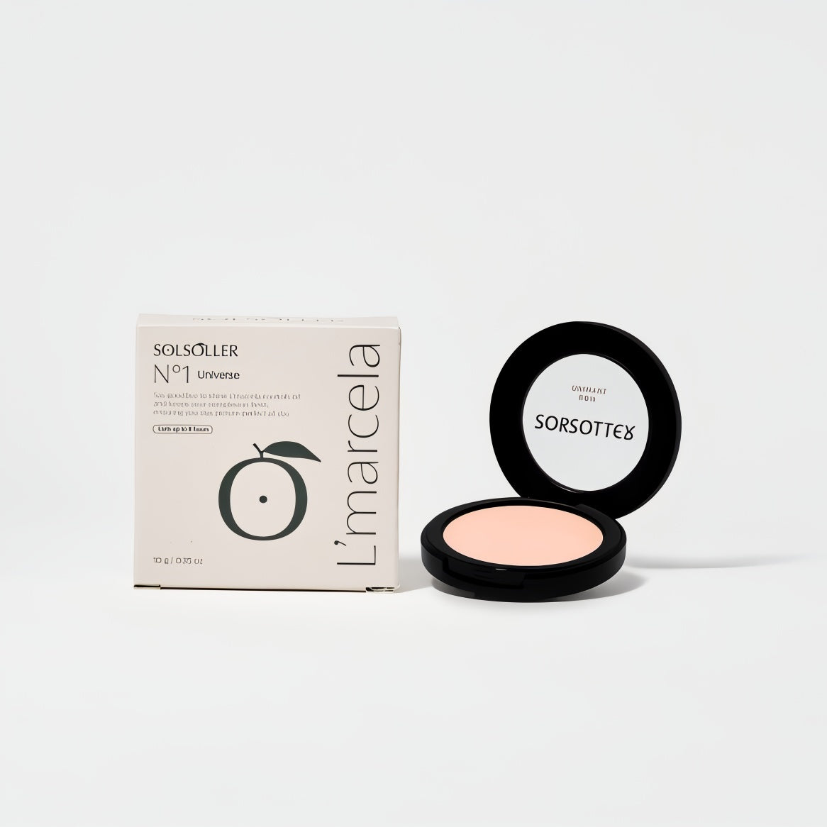 L’Marcela Setting Powder by Solsoller with box and open compact, designed for flawless makeup setting and oil control throughout the day.