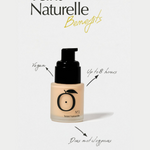 Teint Naturelle Foundation bottle with vegan, long-lasting, and non-comedogenic benefits highlighted.