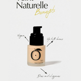 Teint Naturelle Foundation bottle with vegan, long-lasting, and non-comedogenic benefits highlighted.