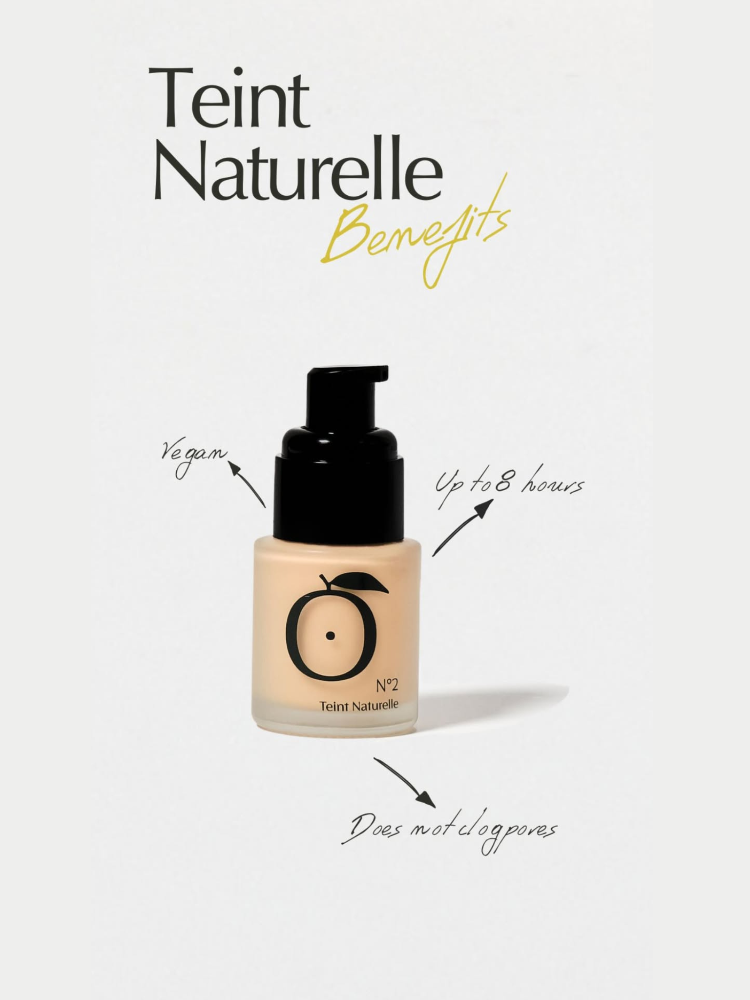 Teint Naturelle Foundation bottle with vegan, long-lasting, and non-comedogenic benefits highlighted.
