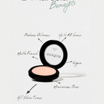 L’Marcela Setting Powder benefits infographic showing matte finish, oil control, vegan formula, and suitability for all skin tones.