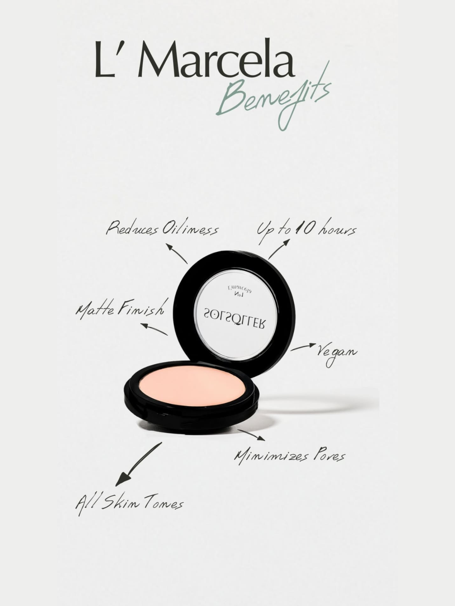 L’Marcela Setting Powder benefits infographic showing matte finish, oil control, vegan formula, and suitability for all skin tones.