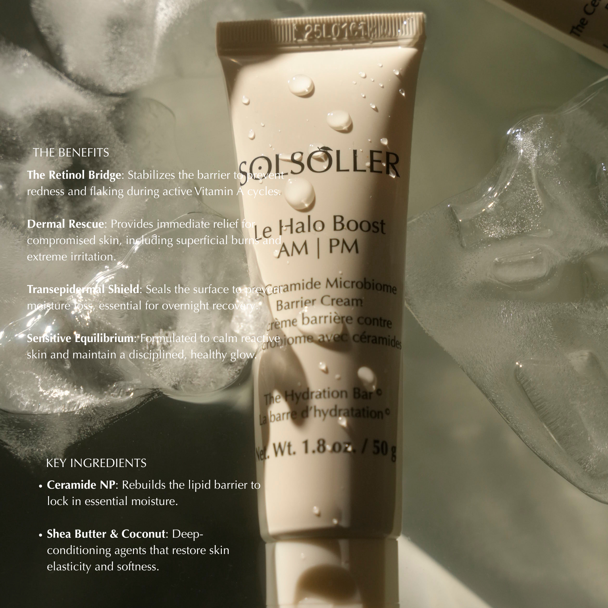 Le Halo Boost balm texture macro shot Ceramide NP microbiome formula